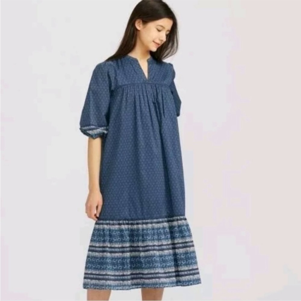 Anna Sui X Uniqlo Boho Midi Dress Blue 3/4 sleeve